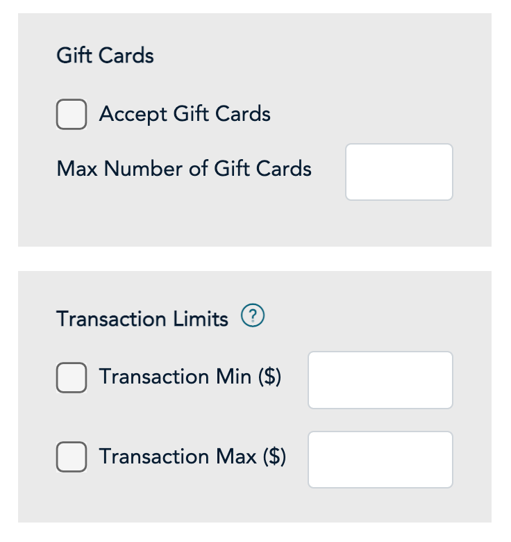 Checkout Profile Gift Cards and Transaction Limits Selection