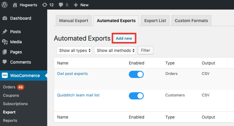 Add new automated export