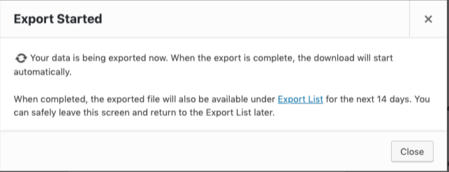 Export started modal