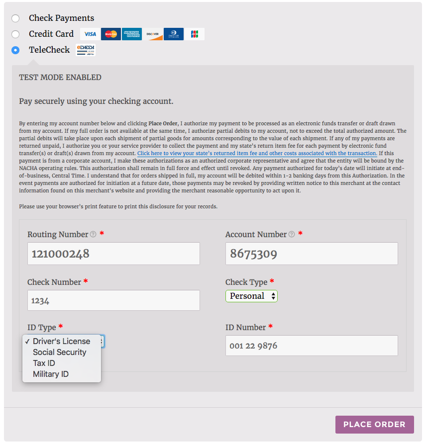 WooCommerce First Data Telecheck Checkout