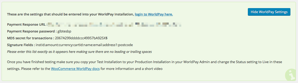 Worldpay settings, shown in your WooCommerce settings 
