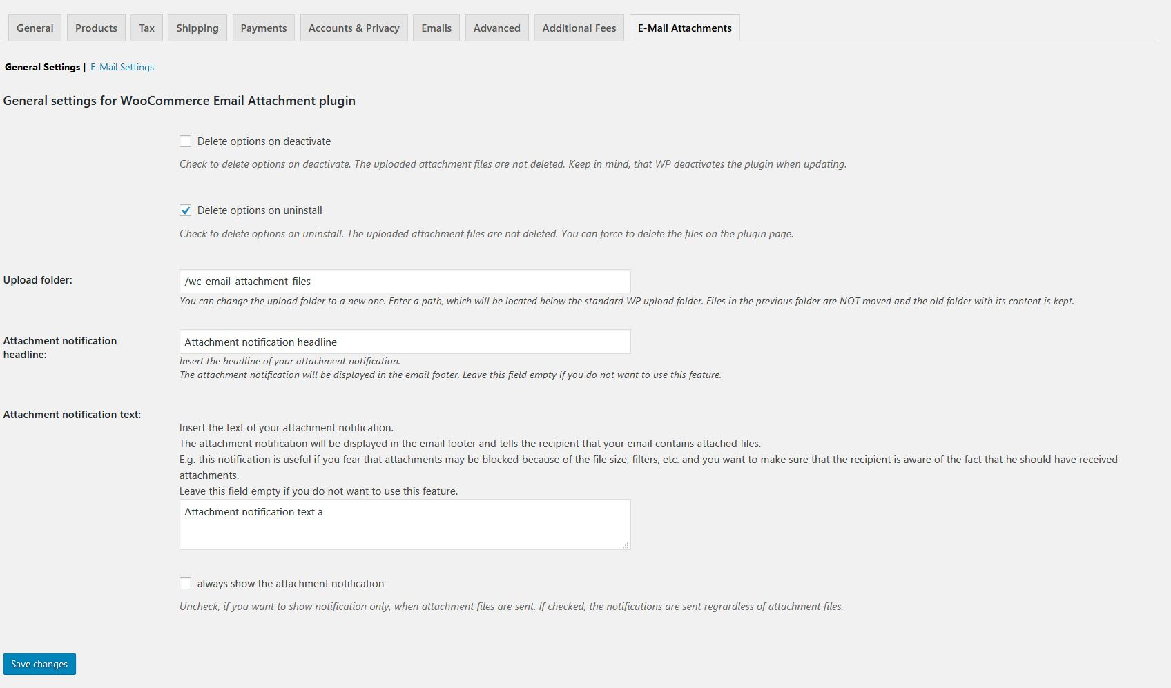 Screenshot of the e-mail attachments admin/settings page (general settings)
