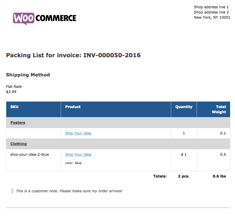 WooCommerce Print Invoices / Packing Lists Sample Packing List