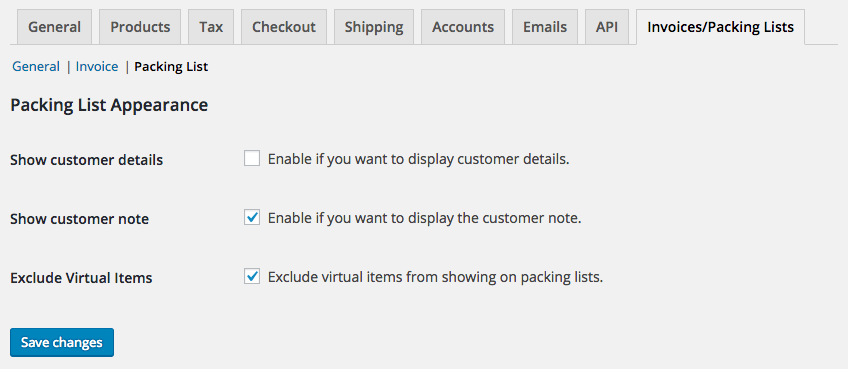 WooCommerce Print Invoices / Packing Lists packing list settings