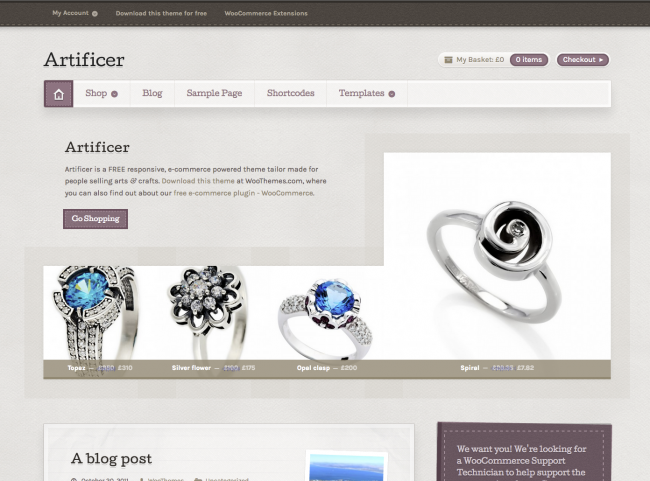 The Artificer theme, showcasing your products and content on it's homepage.