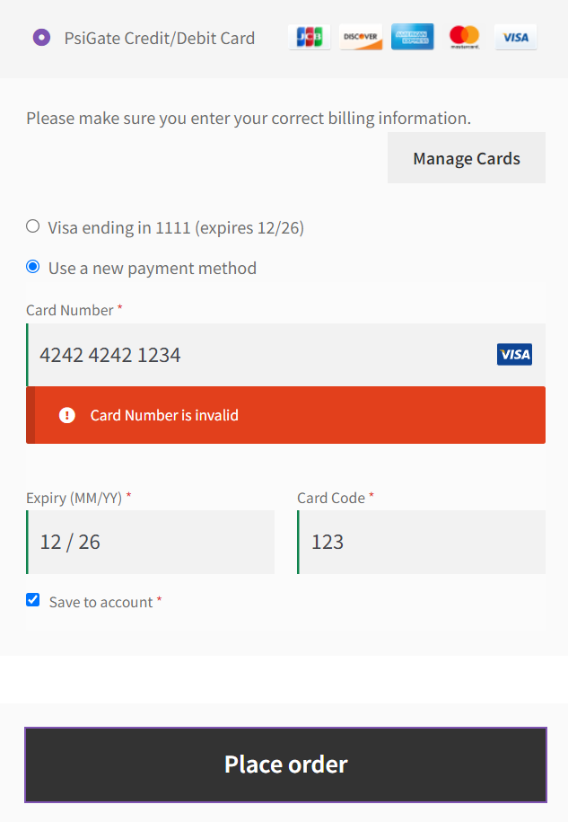 Psigate Gateway - card form validation