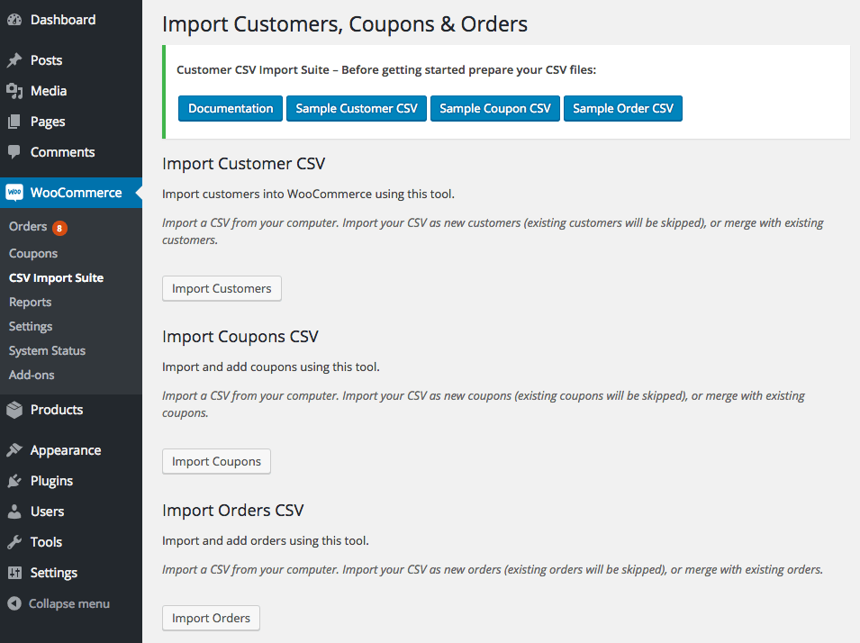 WooCommerce Customer / Coupon / Order CSV Import: Select import type