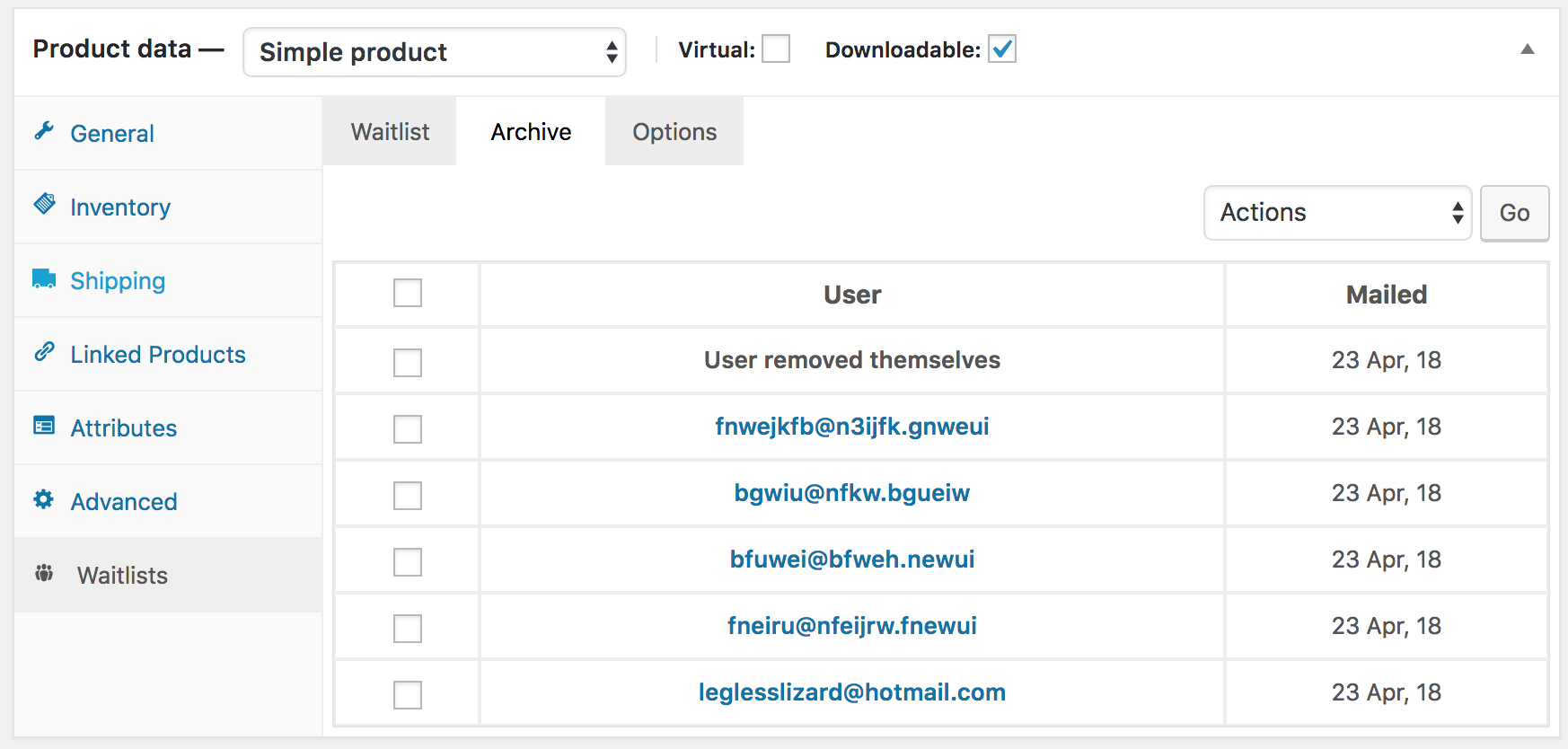 Example of the waitlist archive tab on the product edit screen