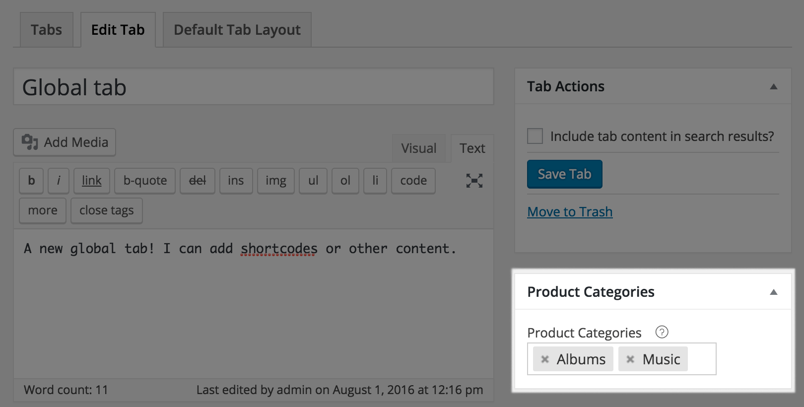 WooCommerce Tab Manager: Global tab categories