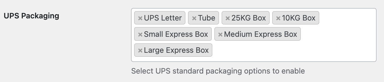 Screenshot showing the available UPS packaging settings to enable on the UPS settings page within a Shipping Zone shipping method