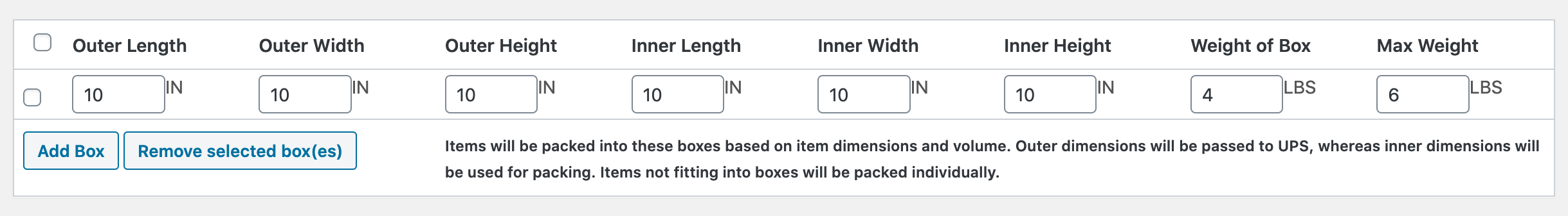 Custom Box Packing Settings