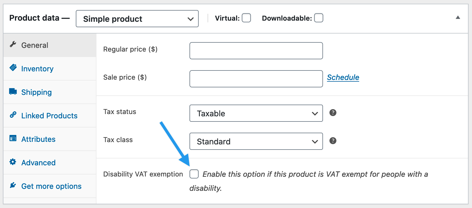 Disability VAT Exemption checkbox visible on the General tab of Product data