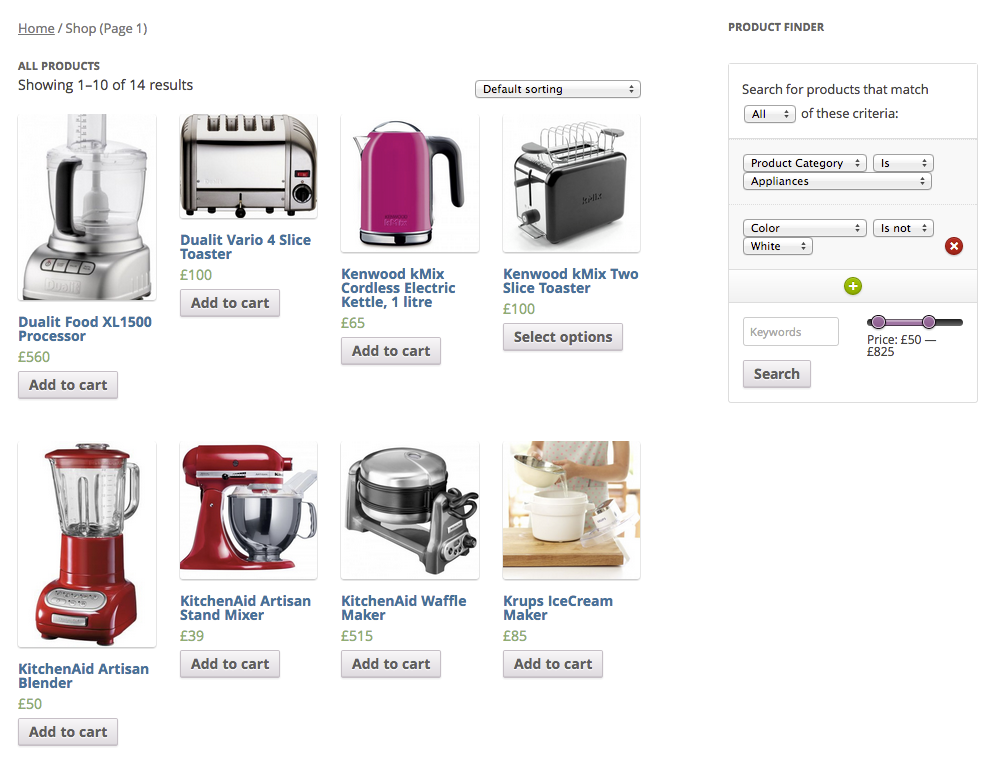 The Product Finder displayed alongside its search results