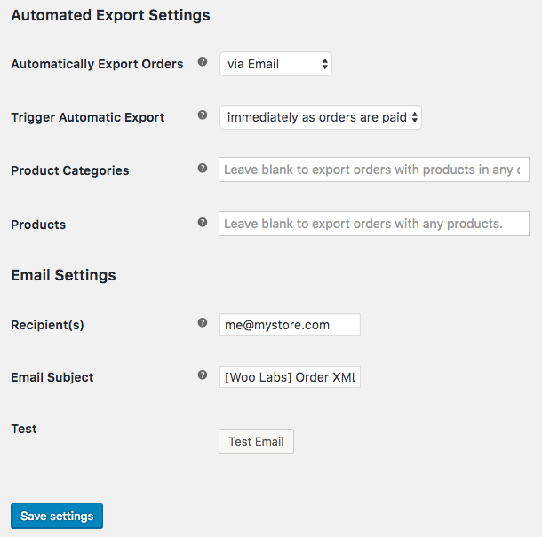 WooCommerce Customer / Order XML Export: email settings 1