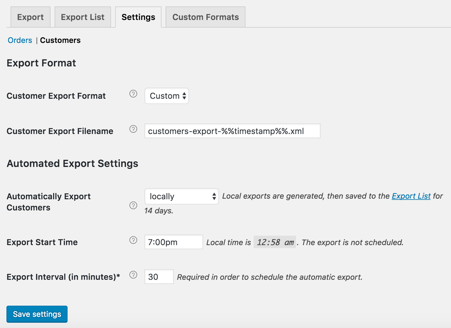 WooCommerce Customer / Order XML Export: customer local auto-export settings