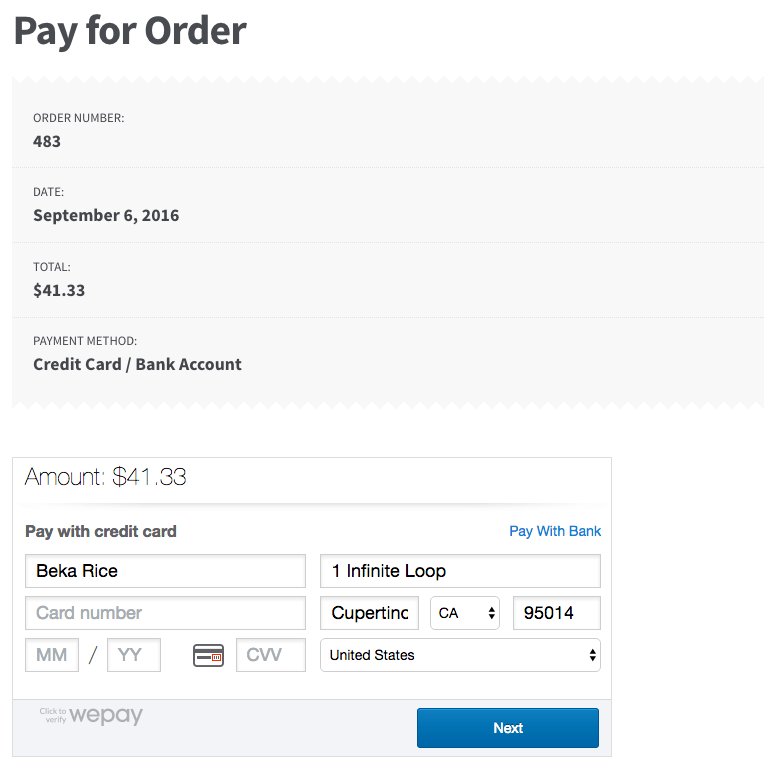 WooCommerce WePay iframe checkout step 2