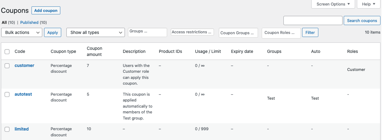 Showing the WooCommerce Coupons administrative section with additional columns and filters added by the extension