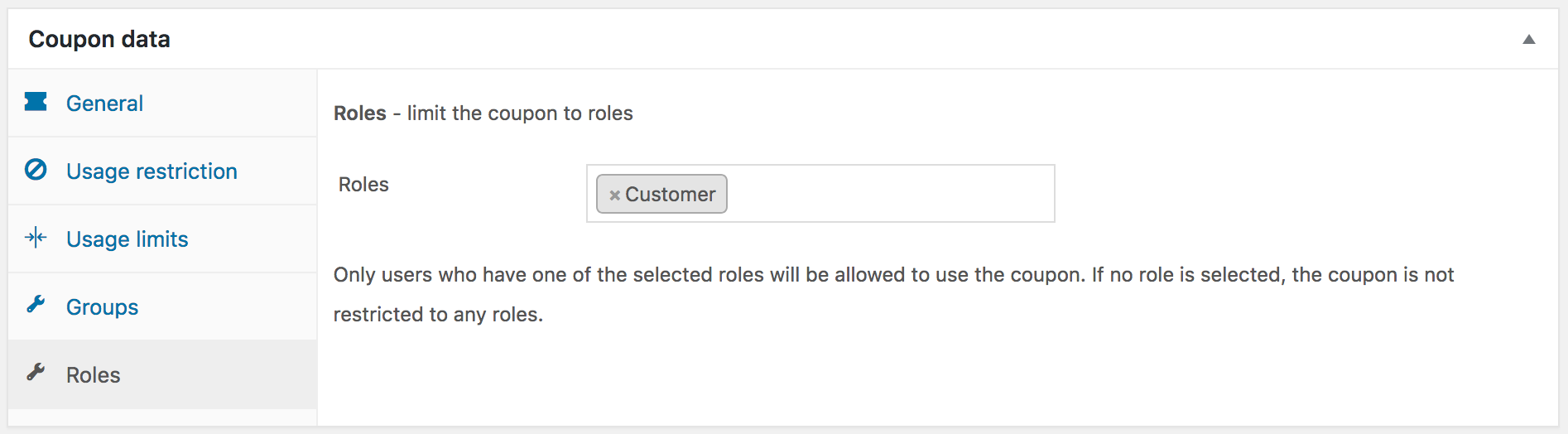 Settings for a coupon restricted to the Customer role