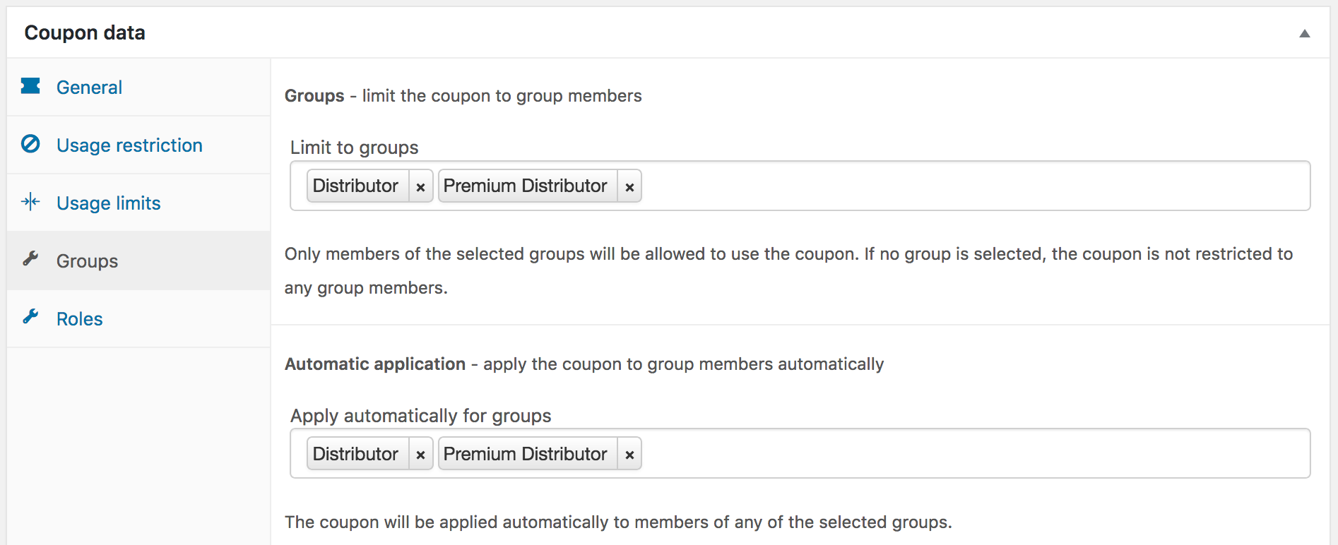Coupon settings for distributor groups