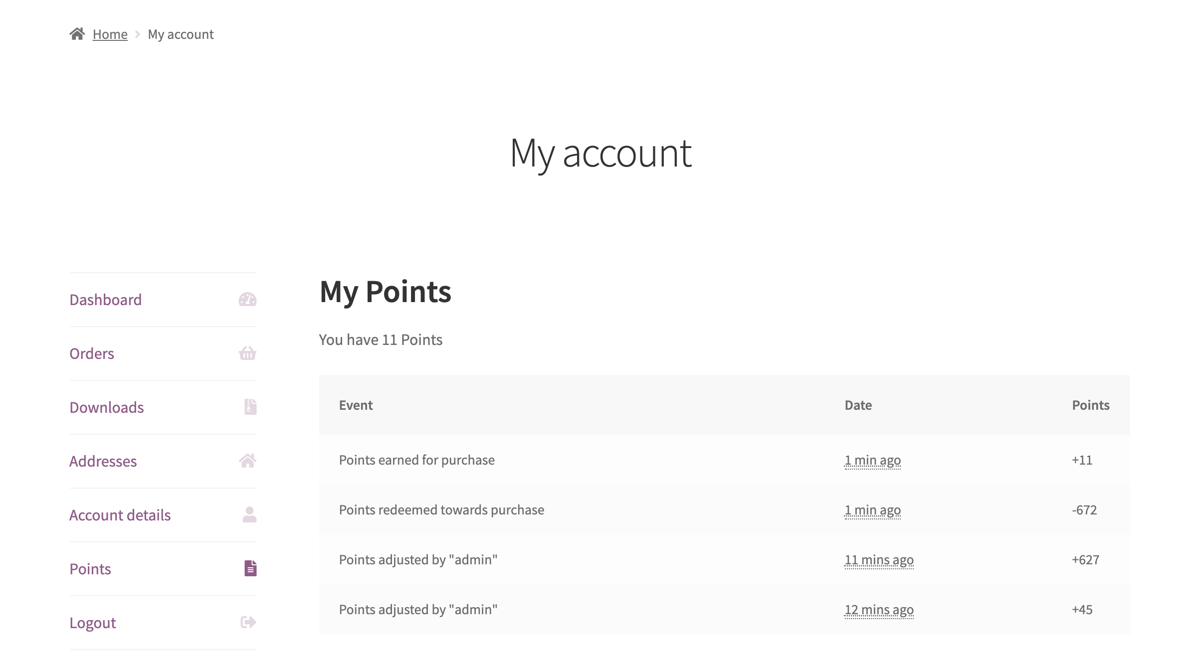 Show customers their points history on the My Account page