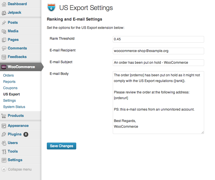 WooCommerce US Export compliance settings screen