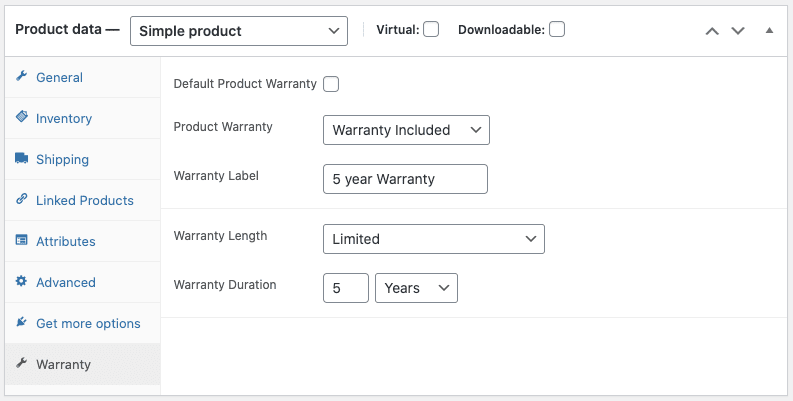 Product data settings showing Warranty options