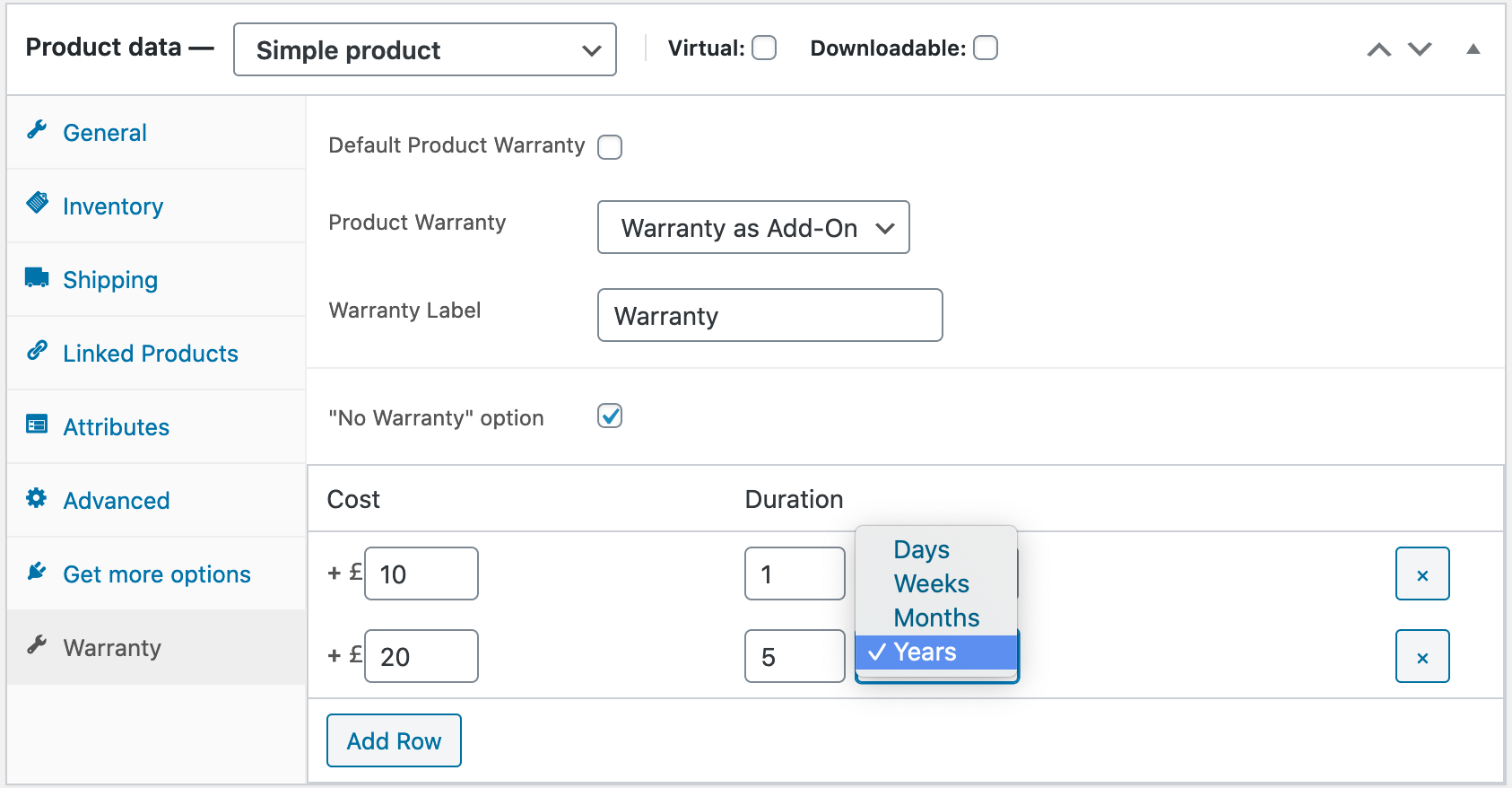 Product data settings allowing offering Warranty as an Add-On