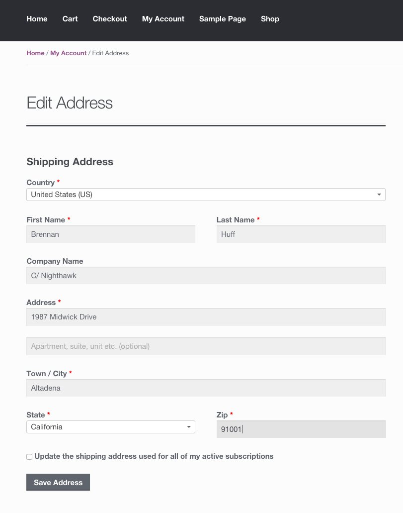 Change Subscription Shipping Address Form