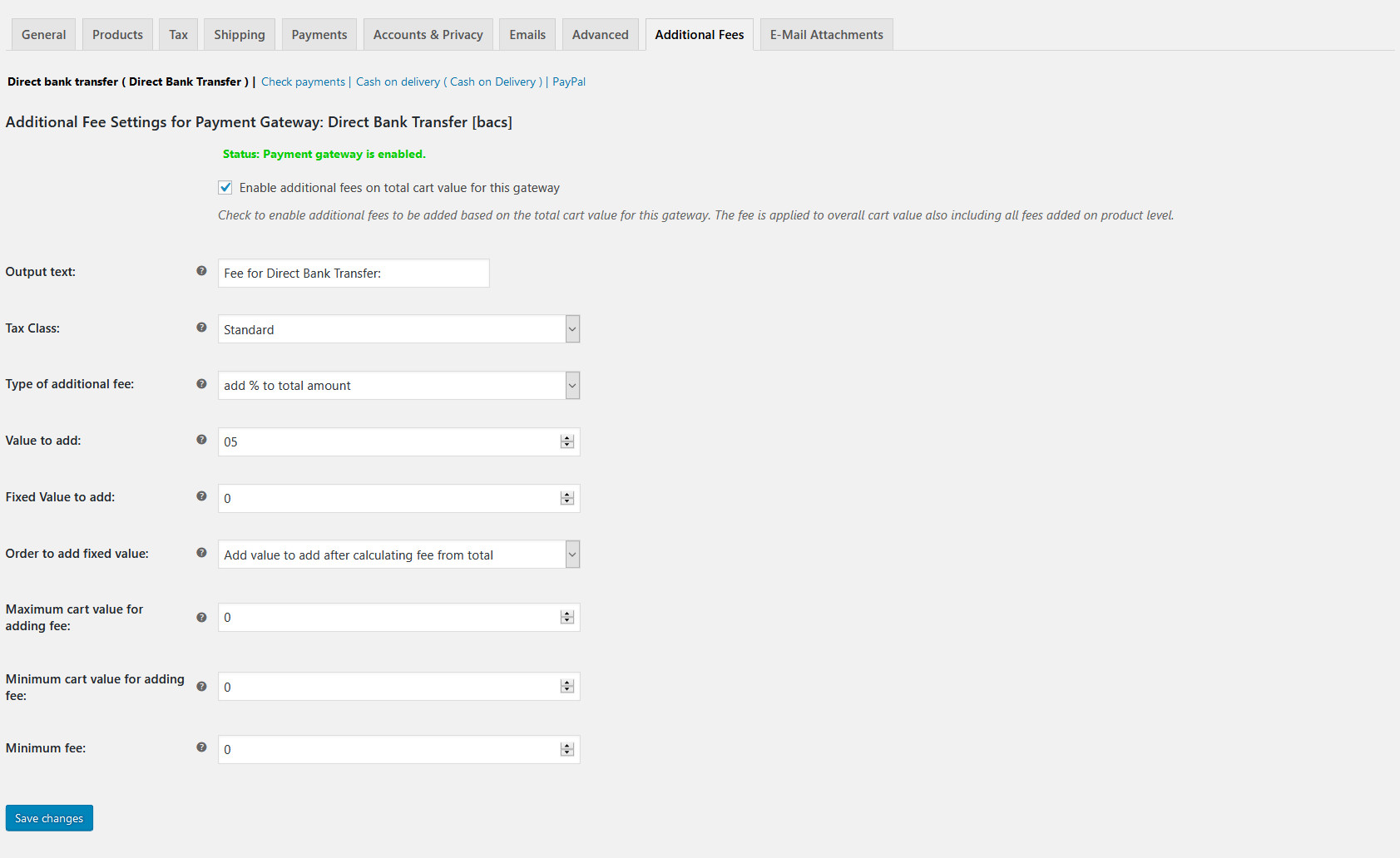Screenshot of the Payment Gateway Based Fees admin/settings page