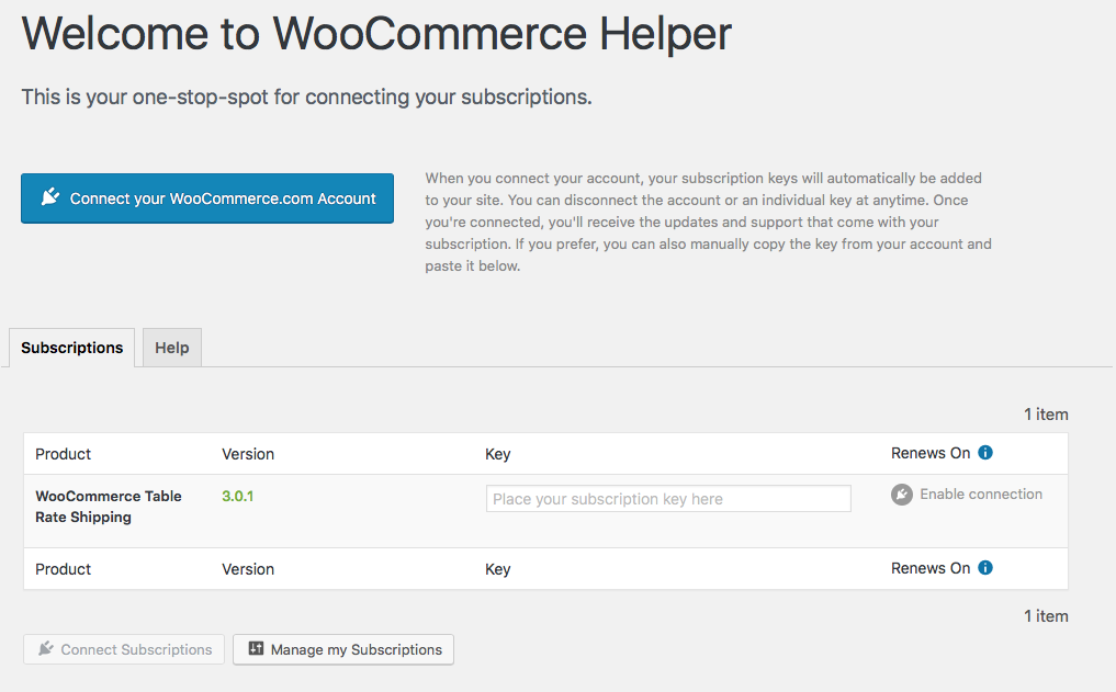 WooCommerce Helper Screen