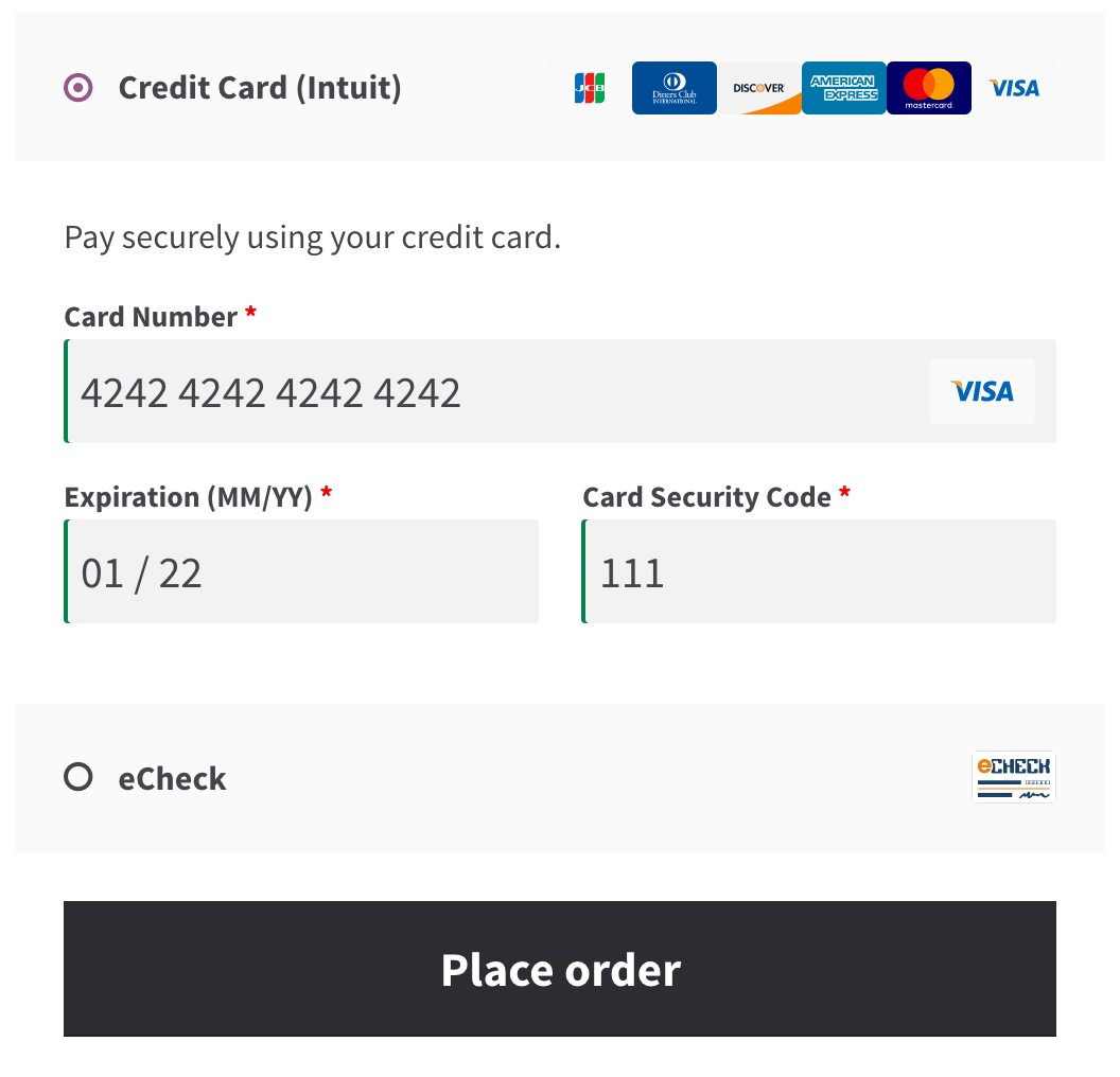 WooCommerce Intuit Payments Credit Card form