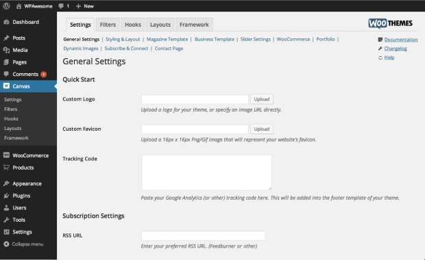 The WooFramework settings screen integrates seamlessly into your WordPress dashboard.