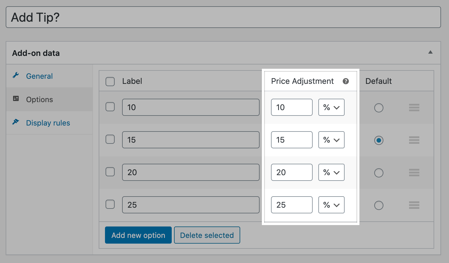 Adjusting the price per add-on on the Options tab