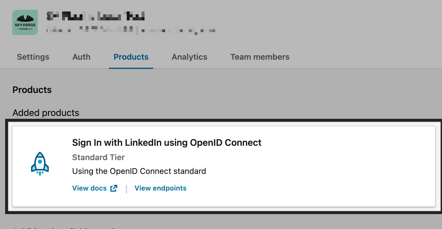 A screenshot of the LinkedIn Developer App Products page with OpenID sign in product highlighted
