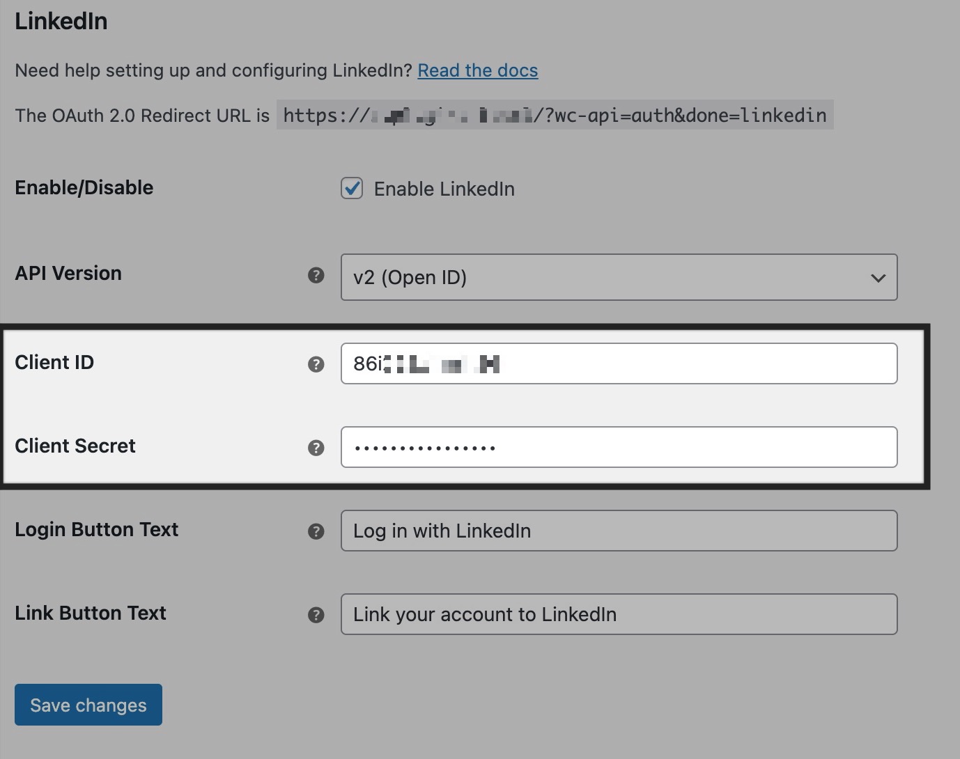 WooCommerce Social Login plugin LinkedIn provider settings with Client ID and Secret fields highlighted