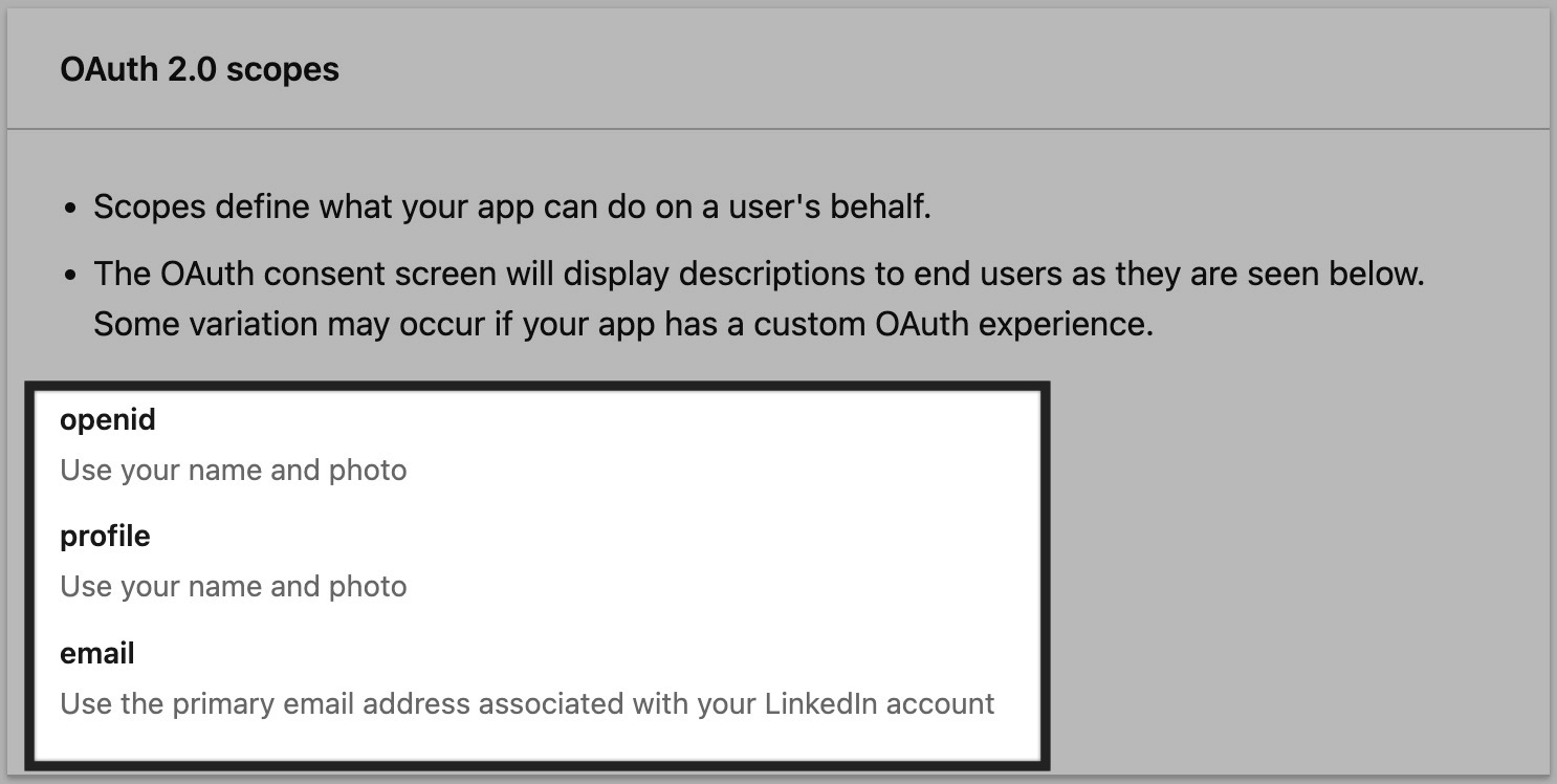 A screenshot of the LinkedIn Developer App OAuth 2.0 scopes showing openid, profile, and email scopes defined