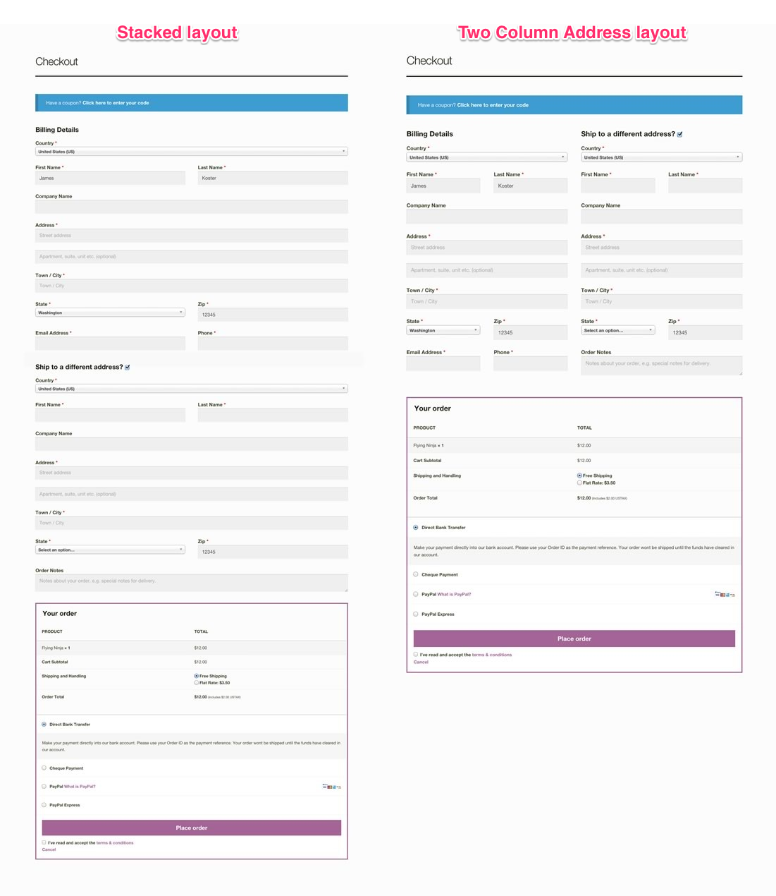 Stacked and Two column checkout layouts using the full width page template.