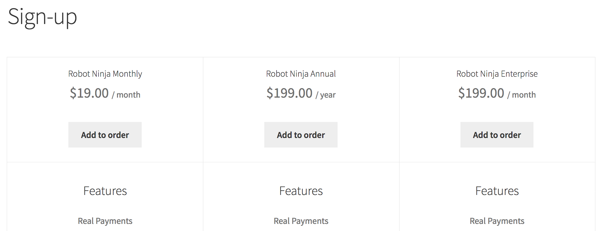One Page Checkout Subscriptions Pricing Table