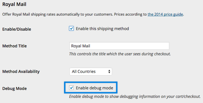 Enable Royal Mail debug mode