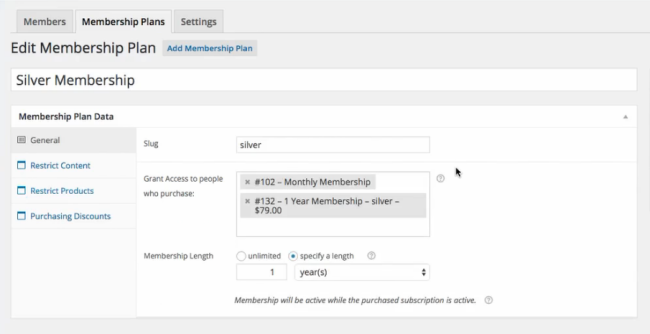 Creating a new membership plan with the appropriate items that must be purchased to activate it.