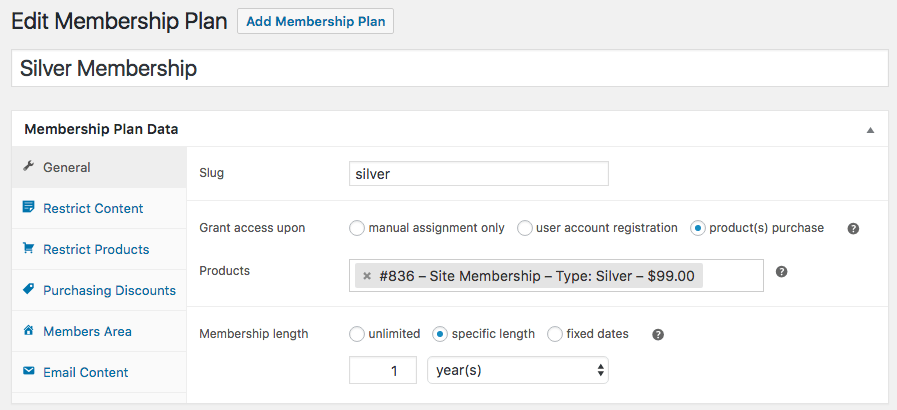 WooCommerce memberships: general plan data