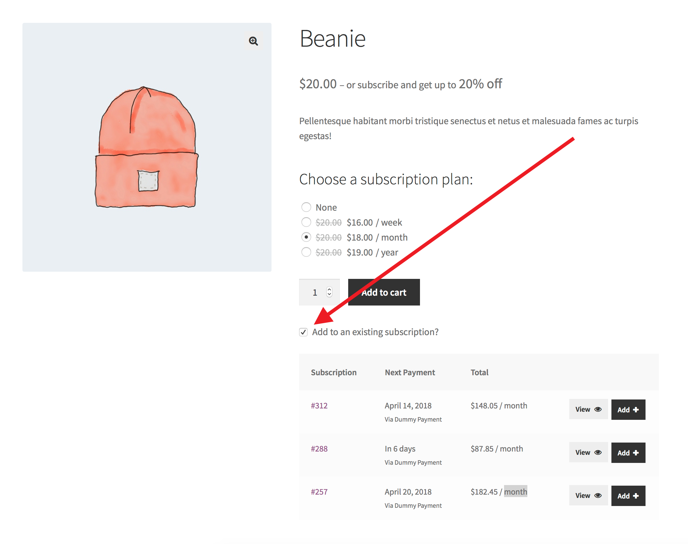 All Products for WooCommerce Subscriptions Add to Existing Subscription Feature Screenshot