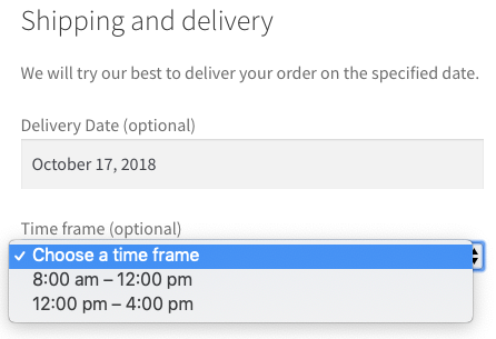 Select a delivery time frame for the order