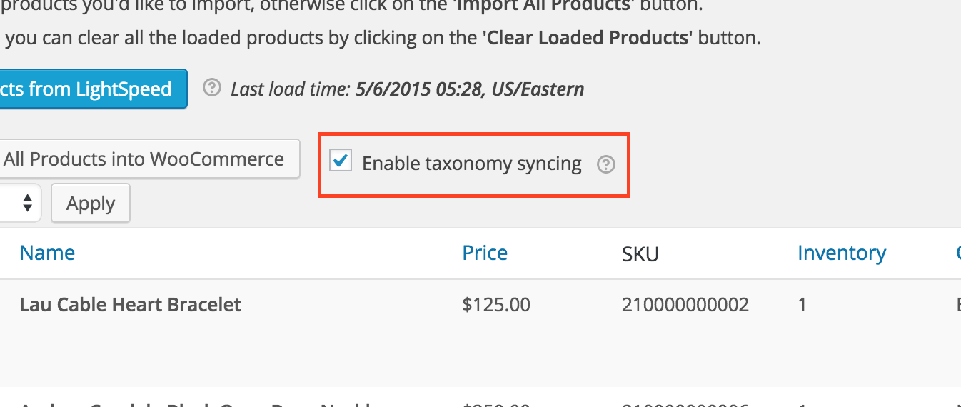 Use the taxonomy sync option to import product categories from Lightspeed.