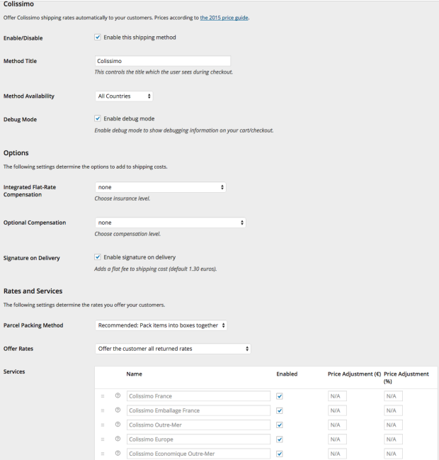 The settings screen for the WooCommerce Colissimo shipping rates integration.