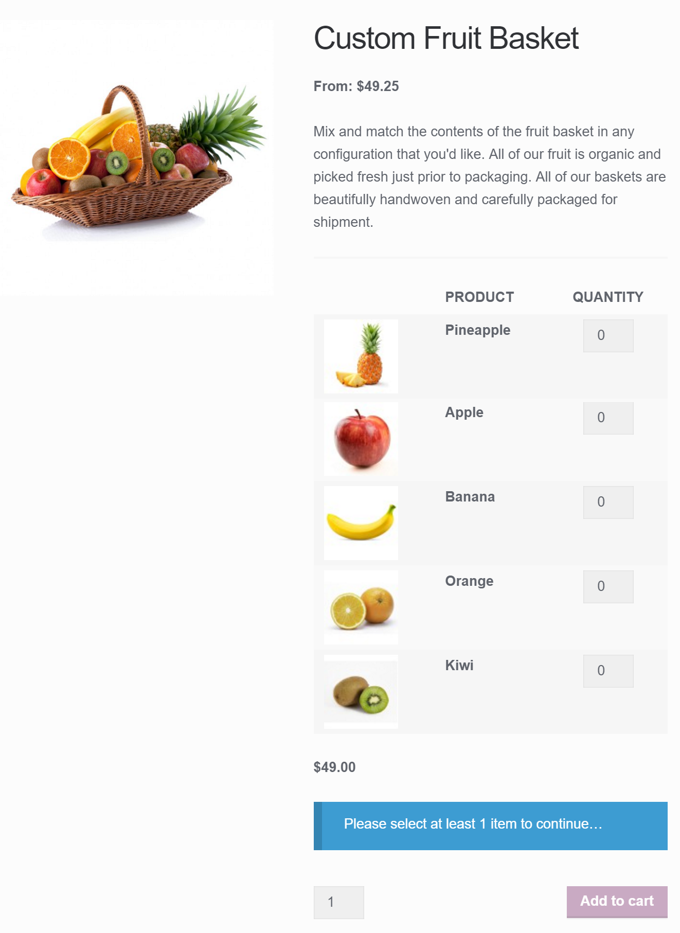 Mix and Match fruit basket with per-item pricing and base price