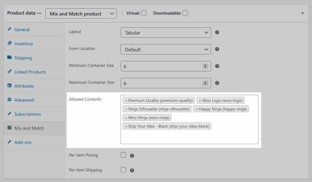 WooCommerce Mix and Match product content selection inputs in admin product meta box