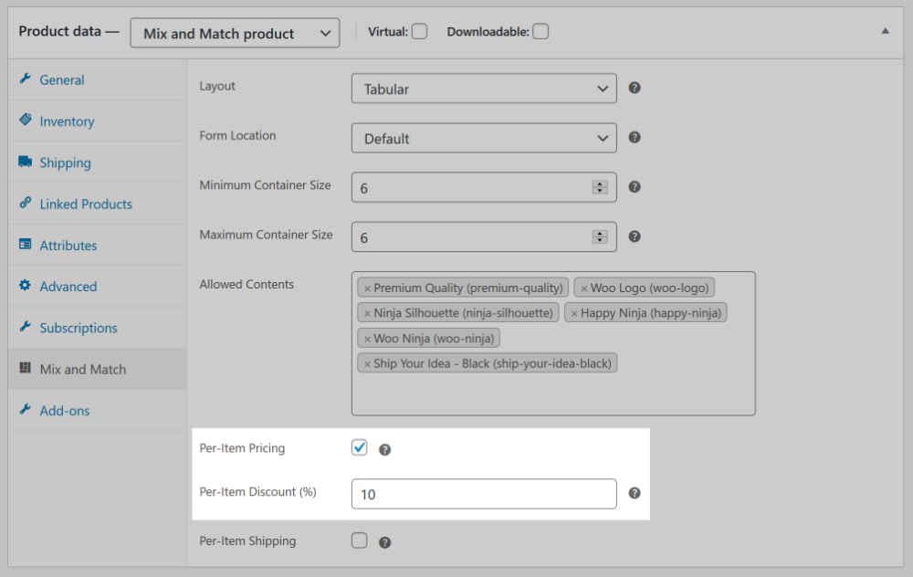 WooCommerce Mix and Match product discount configuration inputs in admin product meta box