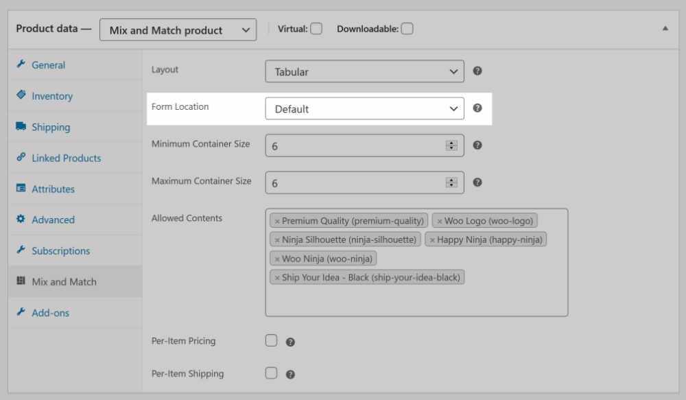 WooCommerce Mix and Match form location selection input in admin product meta box