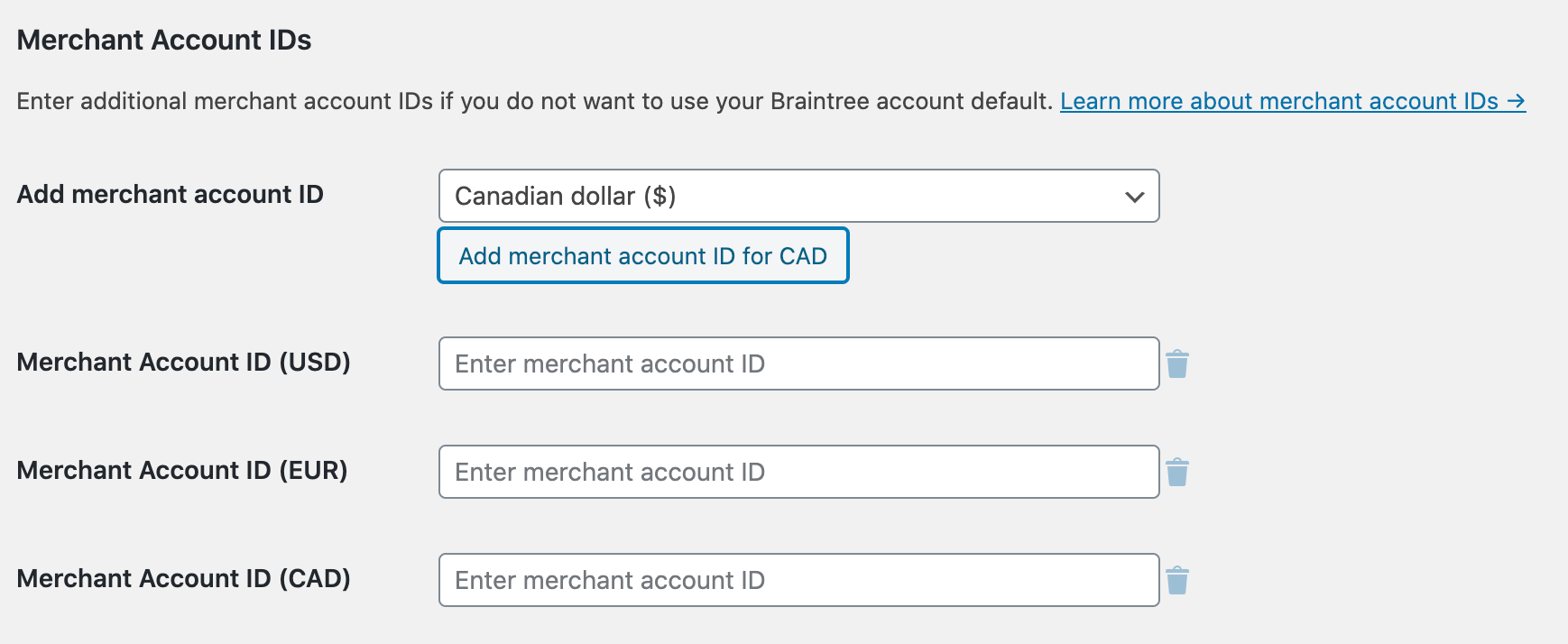 Adding multiple account IDs in the Braintree plugin settings